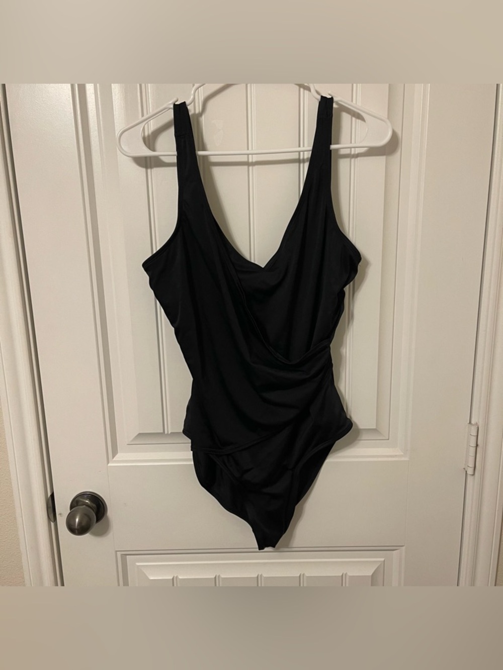 Islander Women’s 14 Black One-Piece Swimsuit with Draped Front and High Cut